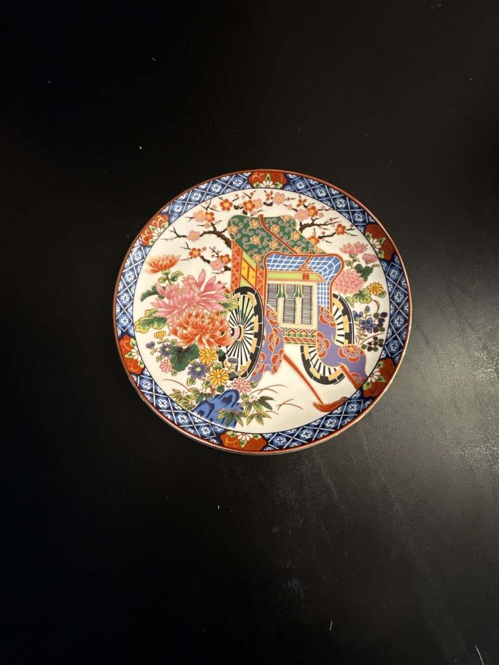 Artmark Japanese Porcelain Plate with Cart and Floral Design